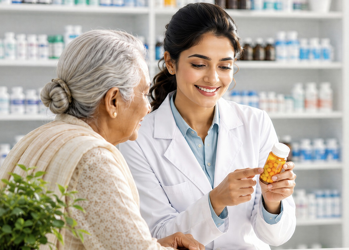 A pharmacist explaining medication to an older patient.
